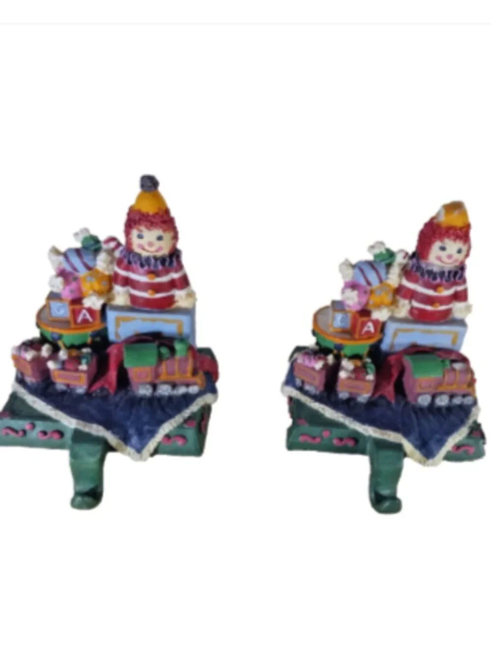 Dayton Hudson Set 2 Christmas Stocking Holders Clown Toy Train Heavy Resin